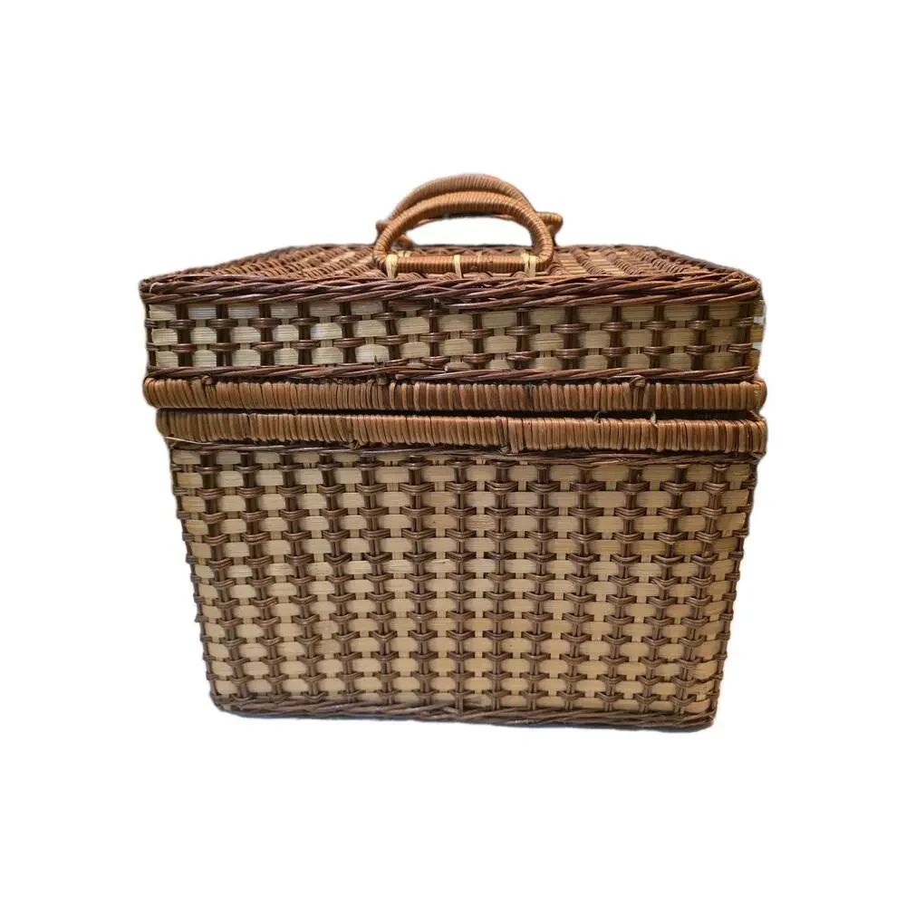 Vintage Wicker Picnic Basket w Lid Handles Red Gingham Liner 2 Woven Plates 12